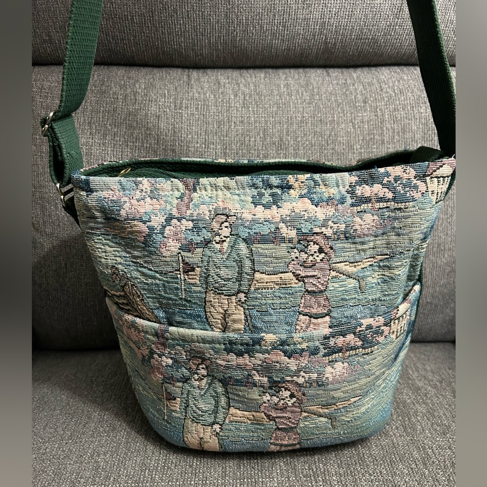 Vintage Holdings Green Tapestry Shoulder Bag, golfing scene